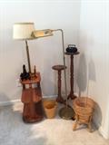 lamp table (built in); plant stands; baskets;  Brass lamp not for sale; 