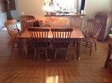 Lexington Solid Oak Farmhouse Dining Table w/ Two Drawers, Two Leaves, Two Solid Oak Dining Captains Chairs and Six Solid Oak Dining Side Chairs