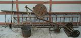 Old hand cultivator & Blade mower, wood ladder, etc...