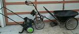 Lawn Sweep, Walk behind Ryobi weed eater, 2 wheel wheelbarrow