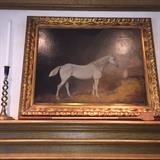 Beautiful antique oil painting by Hayward of a white stallion. an antique crop and another of the brass candlesticks