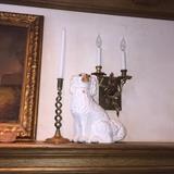 Sheffield porcelain dog, barley twist brass candlestick -one of several for sale- sconce is not in the sale