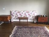 King upholstered headboard, Karastan carpet, pair of end tables and a caned bench
