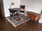 Drop leaf table antique leather seat chair, art and an old Pande Cameron oriental rug