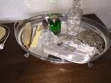 Many silverplate trays, perfume and vanity accessories