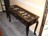 Chinese Console Table, black lacquer, bone/ivory carvings, excellent condition