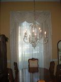 Cream Brocade Draperies, pleated, triple swag cornice, custom-made, and white, floral embroidered sheers, pleated, excellent condition
