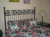 Queen Green Wrought Iron Bed, headboard, footboard, side rails and matching green wrought iron nightstand, sturdy, heavy duty iron, excellent condition