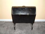 Antique Country Sewing Chest, black painted pine, 2 hinged lift lid compartments with lots of sewing supplies, great condition
