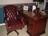 Executive Swivel Chair, Tufted, Brass Nail Heads, Vinyl
Indiana Mahogany Desk, Excellent Condition