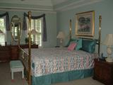 Brass Bed with California King Size Mattress Set (Clean), Custom Bedding, Window Treatments, Bench SOLD AS SET