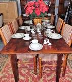 LARGE PINE FARMHOUSE TABLE + 6 RUSTIC TWIG CHAIRS, SET WITH CHRISTMAS CHINA, GLASSES AND CHRISTMAS DECOR