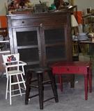 VINTAGE DOLLS HIGH CHAIR,  CHILD'S OAK STOOL AND CHILD'S DESK w/DRAWER  and an ANTIQUE PIE SAFE