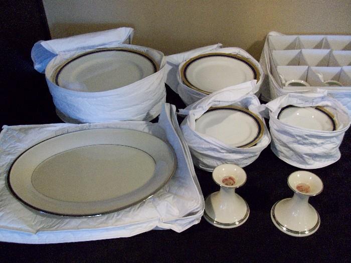 Lenox Serving platter and candles Sticks as well as Hanover by  Fitz & Floyd American settings American collection Hanover(Hanover ONLY $100.00 7 place settings and extras)