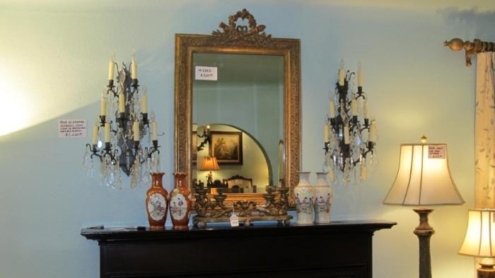 Antique iron & crystal sconces, antique mirror, antique french bookstand/candelabra