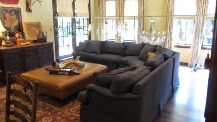 Very large sectional sofa & large leather ottoman