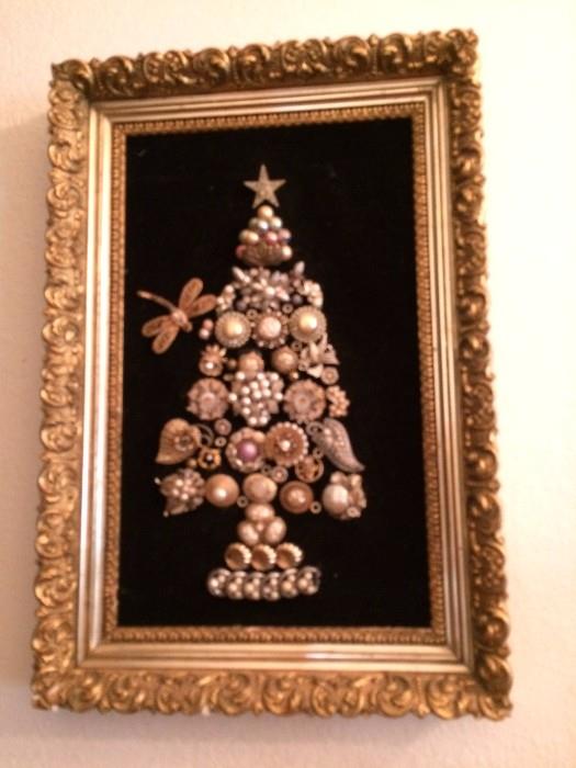 Framed art, original pieces crafted of antique and vintage jewelry.  2 avail. 
