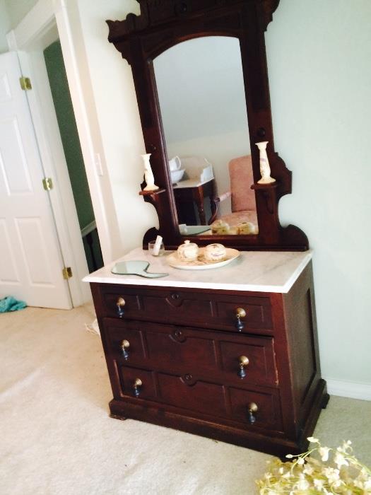 Antique marble topped mirrored dresser, vanity set