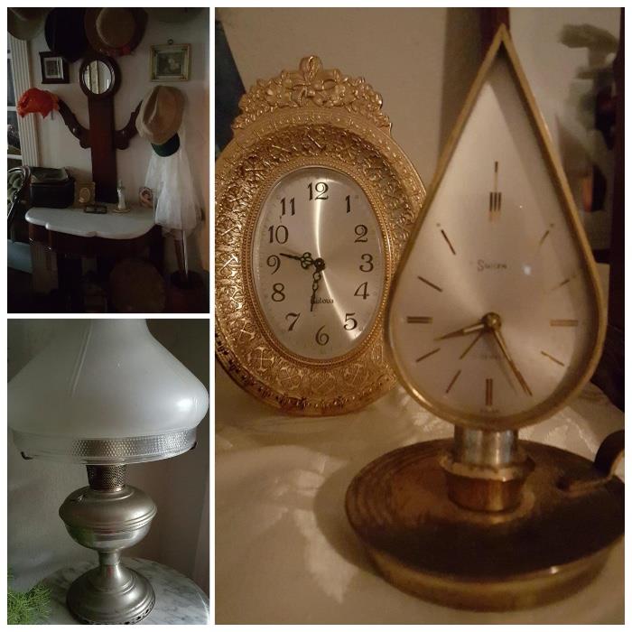 Vintage clocks/oil lamps 