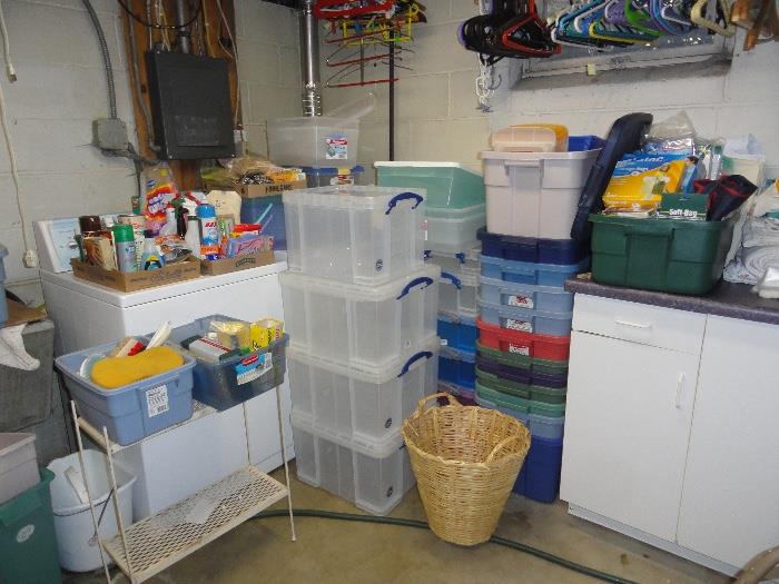 Storage totes galore, cleaning supplies