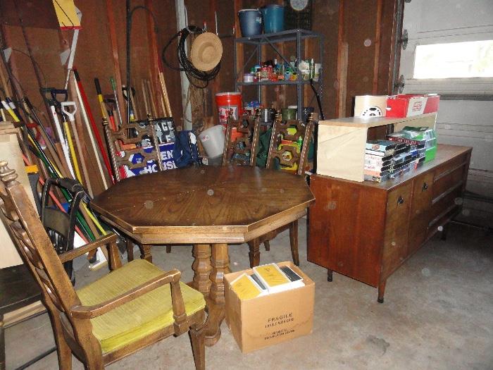 vintage 2/leaf table 4/chairs, buffet, lawn and garden tools and supplies