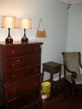 Chest of drawers, 2 small lamps, side chair etc.