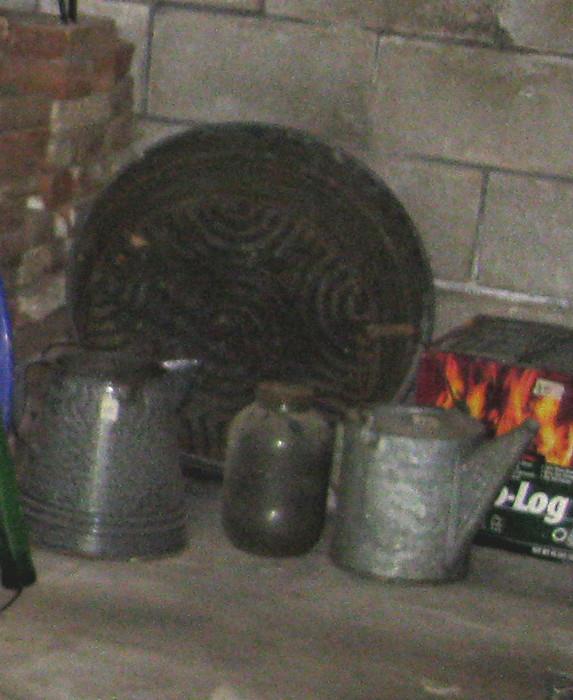 Large granite coffee pot, glass jar and metal watering can