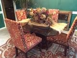 Glass top/wood pedestal dining table with 4 upholstered chairs