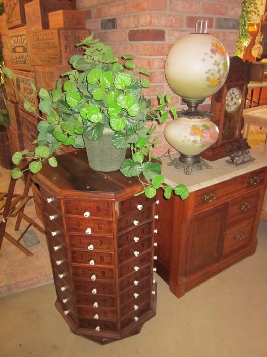 NUT & BOLT CABINET,  MARBLE-TOP WASH STAND, GWTW LAMP,  OAK KITCHEN CLOCK