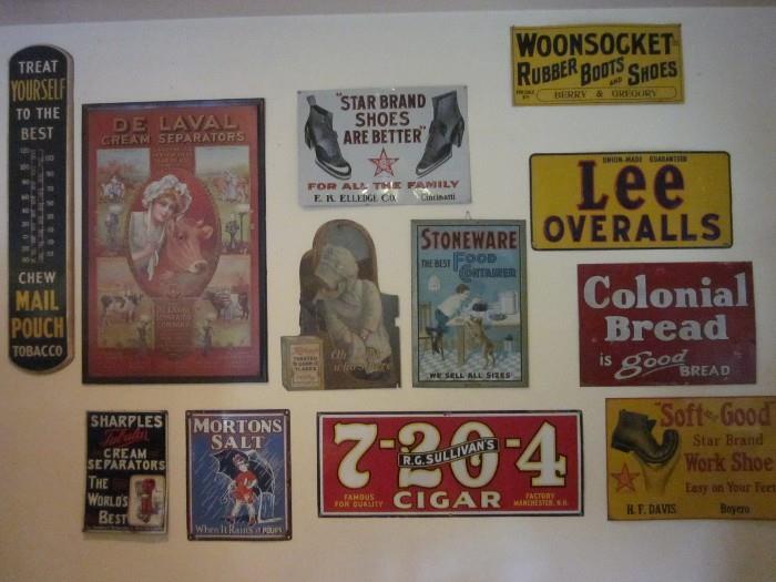 ASSORTED TIN & ENAMELED SIGNS.  DE LAVAL IS A REPRODUCTION,  ALL OTHERS ARE AUTHENTIC