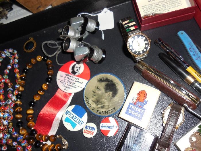 Kennedy buttons, fountan pen, shell oil co. pens, razors, etc....