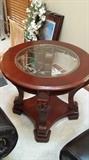 Lovely round side table with etched glass insert, beautiful table