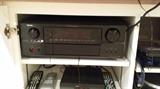 Denon AV Surround Receiver on top shelf, middle shelf is a Control 4 Home Theater Controller
