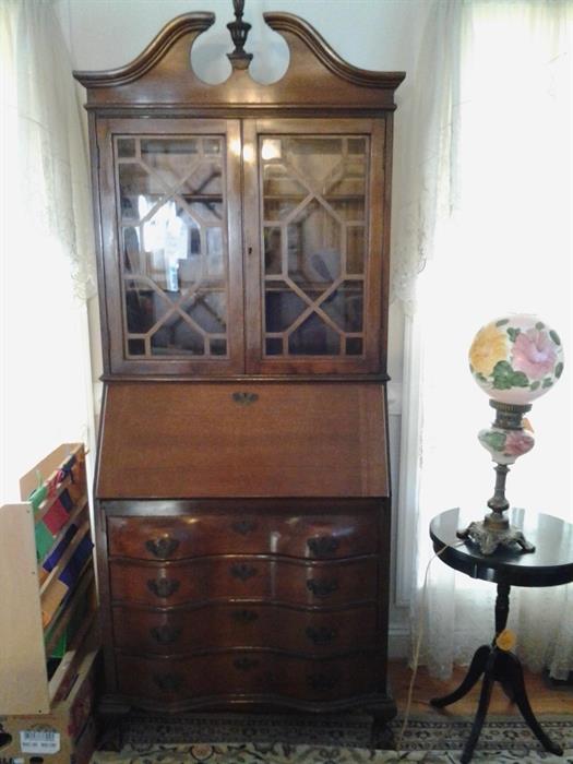 Mohogany slant desk, vintage hurricane lamp