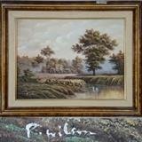 Framed Oil on Canvas of River Landscape signed P  Wilson