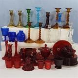 Collection of Colored Ruby and Related Glass Bottles, Votives, Candlesticks and More