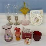 Misc Glass incl. Sterling Base and Color Hurricane Candles, Fenton Vases and Small Basket, Gorham Cat S&Ps Capodimonte Flowers & More