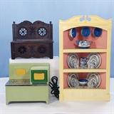 Doll  Size electric oven, lift seat bench and corner cabinet w/ tin litho enamel ware toy tea set for 4
