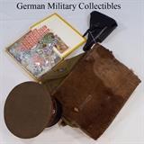 German WWi Officer's Cap, 1942 WWII German Back Pack, Repro Luger Holster and Box of Third Reich and Related Stamps