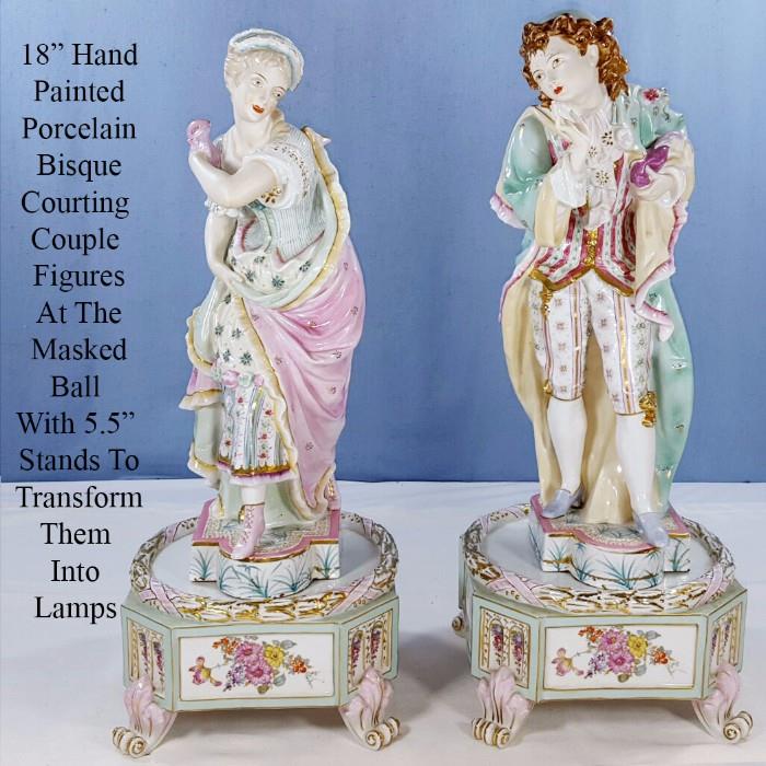 18" Porcelain Bisque Couple at the Masquerade Ball with Detailed Painted Faces and Clothes, 5 1/2" Tall Stands to Transform Them into Lamps W/ Laurel Wreath Rim, Floral Panels and Fleur De Lis Plume Feet