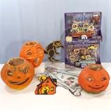 Halloween lot with pape mache pumpkin, Harry Potter toys, and paper wall art