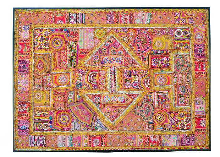 Gujarat textile , hand crafted, 51"H x 70" W, purchased in India in the 1990s. Colors are deeper and more vibrant than in photo.