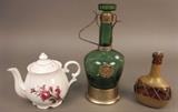 2 Decanters, Tea Pot Music Lot, Green, Red, White, Collectibles, Glass, Antique