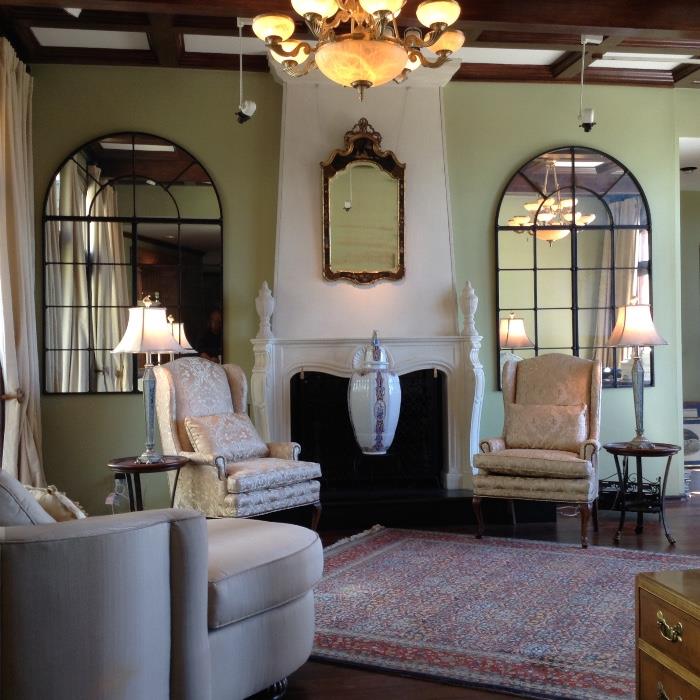 Pair "Pearl & Oyster" Brocade Wing Chairs; Pair Tall Iron Arched Mirrors; Pair Antiqued-Mirror Table Lamps; Antique Chinoiserie Mirror;  9' X 13' Turkish Rug; Horse-shoe Chaise Lounge