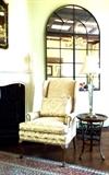 "Pearl & Oyster" Brocade Wing Chair; Tall Iron Arched Mirror; Antiqued-Mirror Table Lamp