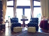 Pair Black & Gold Brocade Slipper Chairs; Brocade Ottoman Storage Boxes; Carved Italian Marble Reclining Woman by M. Passini on Pedestal End Table