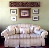 Intricately Carved Long Thai Panel; Framed Prints of Far Off Places; Antique (mid 19c) Wood Engravings from Australia; Egyptian Temple; Camelback Rolled-Arm Sofa
