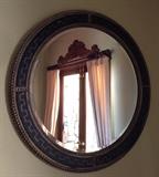 Large Round Beveled Mirror in Gilt, beaded Frame with Greek Key Design, reflecting Treatment Over Window