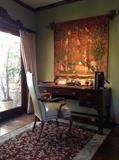 Chinese Chippendale-Style Desk; Leather Swans Neck Arm Chair with Nailhead trim; Tapestry Wall Hanging