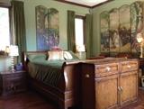 Sleigh Bed; "Victorians On The Green" 6-Panel Screen; Custom finished Cabinet holding TV Lift